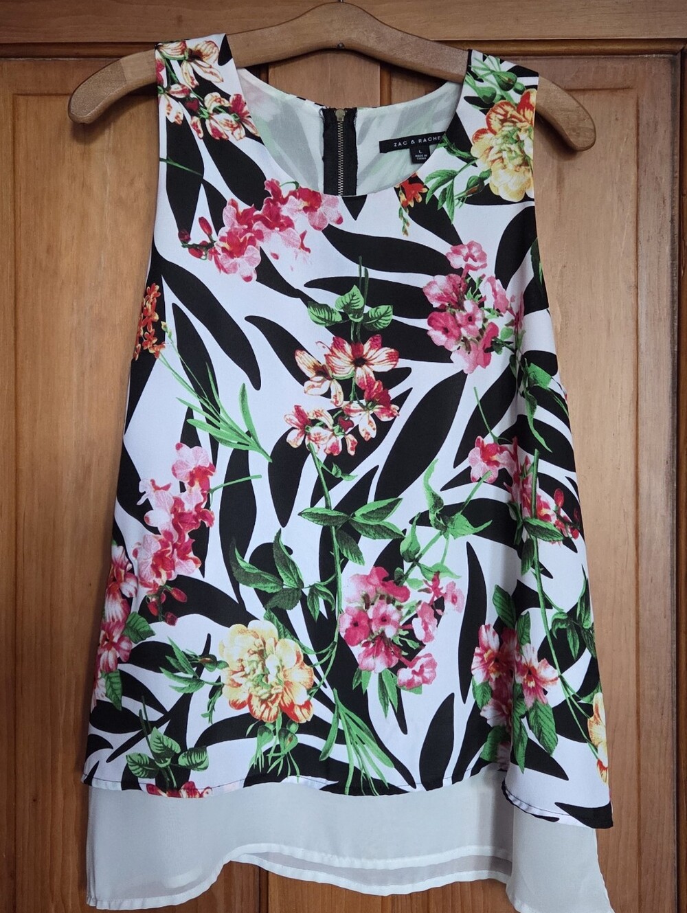 Zac & Rachel White Floral Sleeveless A-Line Top with Black Leaf Print